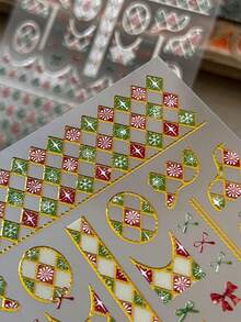 1 Sheet Gold Foil Christmas Plaid Nail Stickers, Luxury Xmas Grid Bow Self Adhesive Nail Art Decorations - Multicolor - View 4