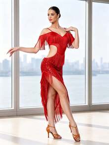 Kostum Pertunjukan Tari Latin Berhiaskan Payet dan Rumbai yang Dramatis, Kostum Pertunjukan Berumbai yang Mengalir dan Bergoyang, Cocok untuk Malam Salsa dan Malam Cha Cha, Pilihan Utama bagi Pecinta Salsa, Tersedia Berbagai Warna - MultiWarna - View 9