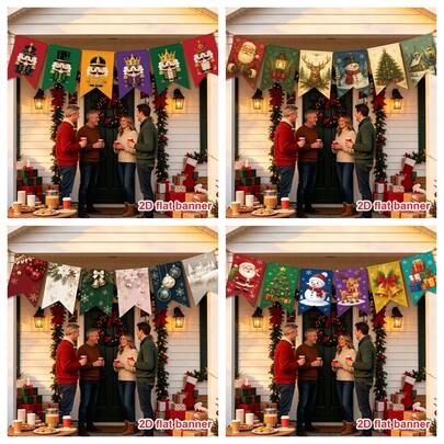 6Pcs Christmas Window Curtain Banner,Porch Door Background Decor,Nutcracker Santa Reindeer Snowman X‑Mas Tree Bell Printed Motif,Holiday Ornament,For Front Door, Patio,Wall,Fireplace,Indoor Outdoor Party Backdrop,Xmas Home Decoration Supplies