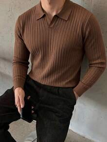 Men's Casual Minimalist Commute Knit Long Sleeve Polo Shirt - Everyday Wear - Brown - View 4