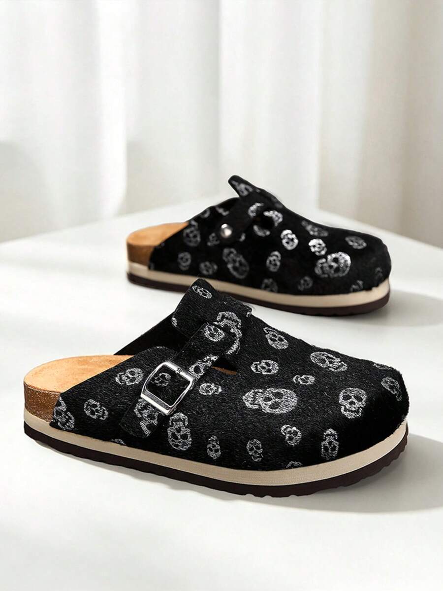 Men's Black Skull Print Buckle Slippers, Soft Comfortable Non-Chafing Indoor/Outdoor Wear Slippers, New Personalized Cork Mule Shoes - Black - View 1
