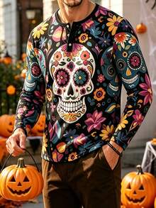 Men's Autumn/Winter Halloween Day Of The Dead Candy Skull Floral Button Long Sleeve T-Shirt - Multicolor - View 3