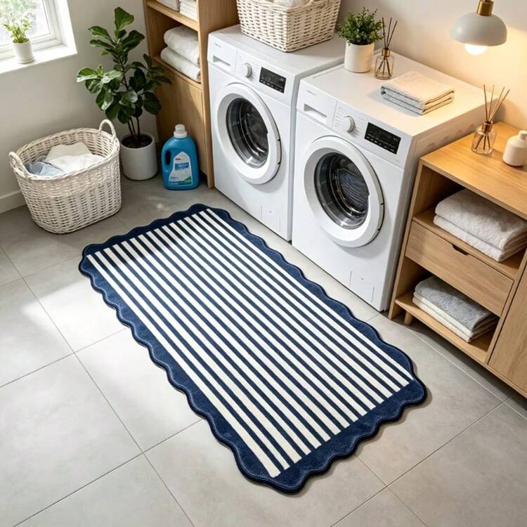 1pc Blue & White Striped Irregular Shaped Decorative Rug, Floor Mat, Carpet, Living Room Rug, Bedroom Rug, Universal Rug, Doormat - Multicolor 2 - View 4