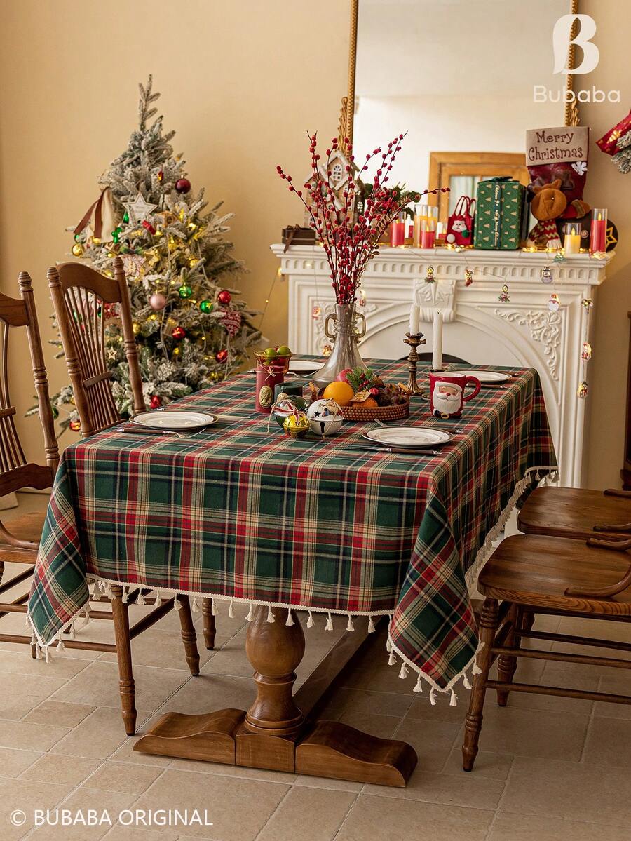 Bubaba Christmas Plaid Tassel Tablecloth, Green And Red Checkered Rectangular Tablecloth, Rustic Farmhouse Style Holiday Table Decor, Suitable For Christmas Party And Winter Home Decoration - Multicolor - View 1