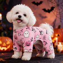Opjoys 1pc Halloween White Cat Ghost Print Dog Jumpsuit, Halloween Style Skin-Friendly Knitted Four-Legged Design Round Neck Ribbed Cuff Warm Belly Protection Anti-Shedding Pet Home Wear Spring Autumn Daily - Pink - View 5