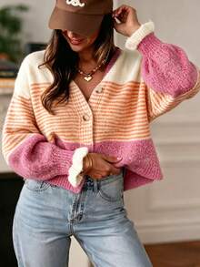Colorblock Striped Knit Cardigan, Round Neck Single-Breasted Ruffle Cuff Long Sleeve Loose Slouchy Jacket, Women's Autumn/Winter Casual Versatile Top - Orange Pink - View 2