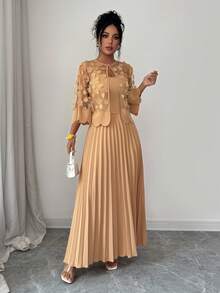 Elegant Women's 2 Pieces Set: Round Neck Dress With Scalloped Edge Mesh Cardigan, Pleated Maxi Skirt, Suitable For Formal Occasions - Ginger - View 4