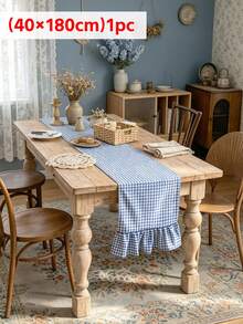 1/20pcs Blue & White Checkered Ruffle Edge Table Runner, Fresh Pastoral Vintage Style Lightweight Long Tablecloth, Suitable For Dining Table, Entryway Console, Vanity, Sideboard, Coffee Table, Banquet Table - Blue and White - View 11