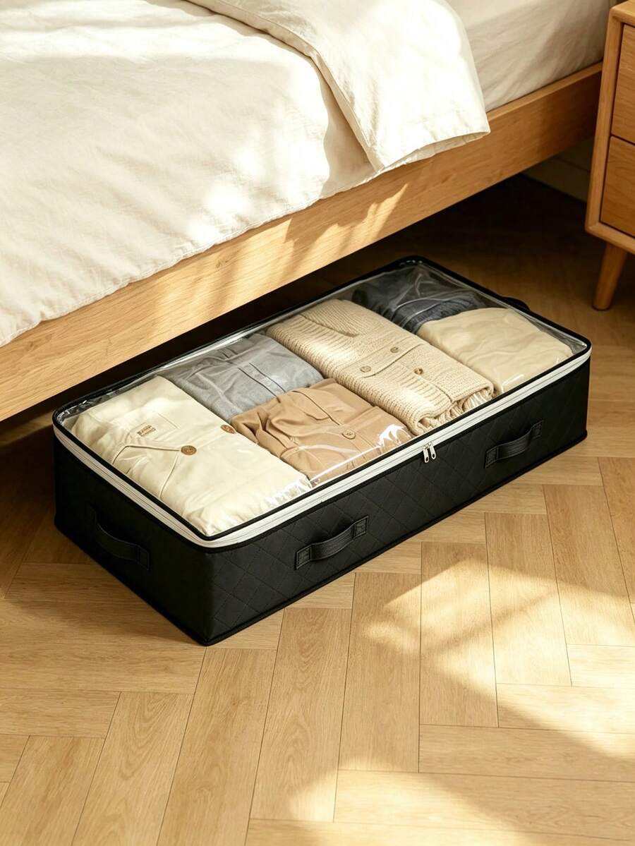 1/3 Underbed Storage Bag, Foldable Closet Organizer Box And Underbed Storage Bin, For Storing Wrapping Paper, Blankets, Towels, Clothes, Bedding, Sweaters, Bed Sheets And Other Items - Black - View 1