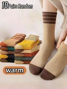 1/10 Pairs Randomly Assorted Unisex Thick Warm Contrast Color Socks, Casual Retro Patchwork Socks, Suitable For Autumn/Winter, Home/Sports Multi-Functional Warm Socks, Holiday Gift Socks, Christmas, Halloween - Multicolor - View 10