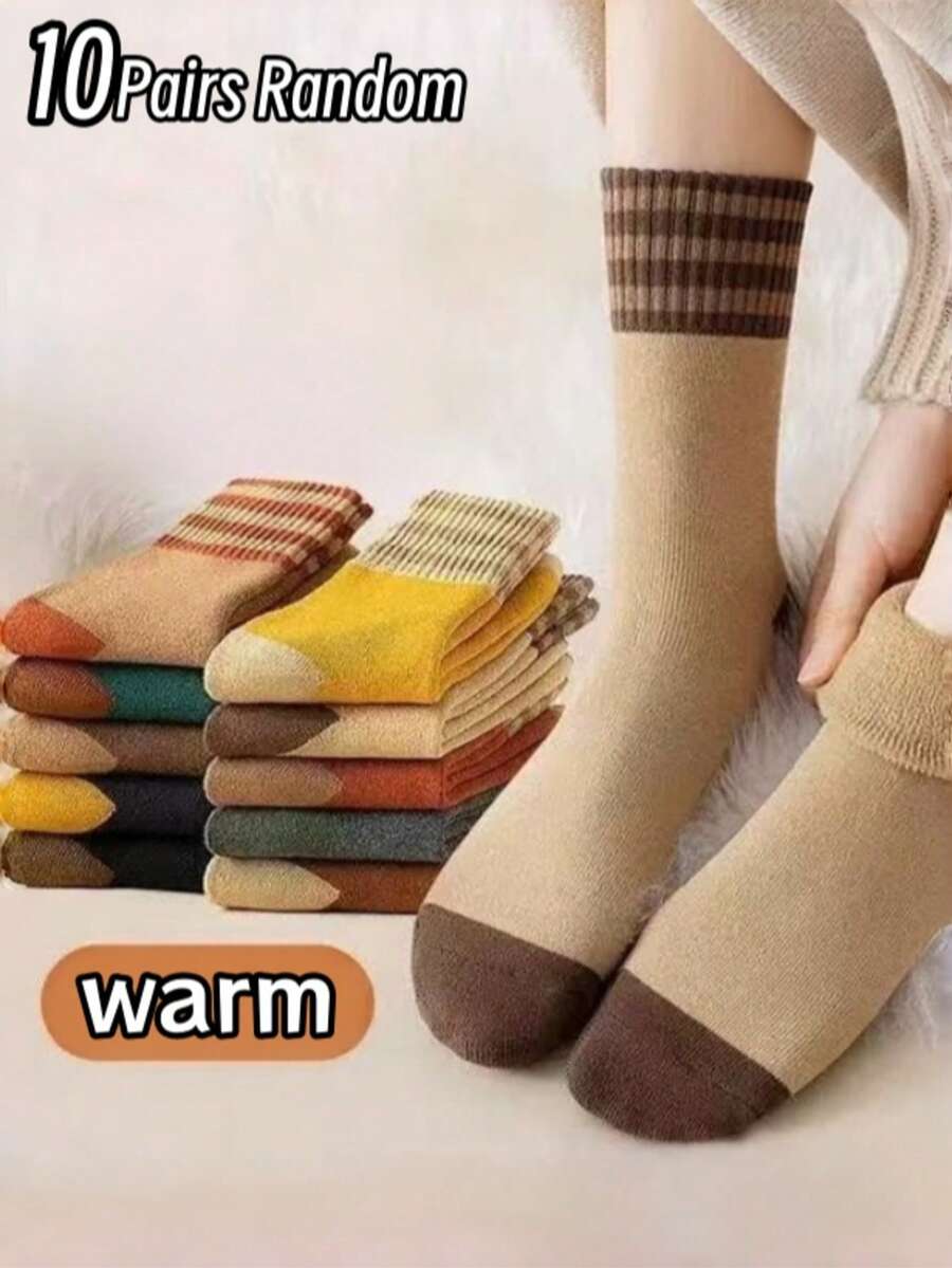 1/10 Pairs Randomly Assorted Unisex Thick Warm Contrast Color Socks, Casual Retro Patchwork Socks, Suitable For Autumn/Winter, Home/Sports Multi-Functional Warm Socks, Holiday Gift Socks, Christmas, Halloween - Multicolor - View 1