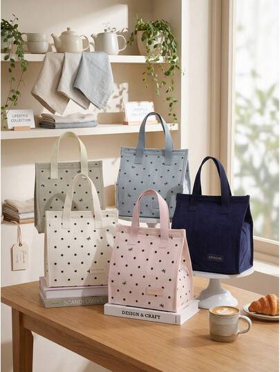 Polka Dot Bow Insulated Lunch Bag, Portable Large Capacity Thermal Tote Bag,Waterproof Cooler Handbag For Women,Student Office Picnic Food Storage Bag