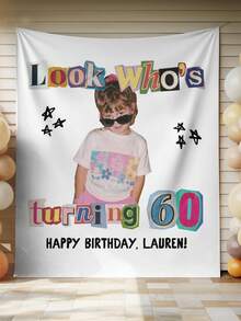 Who's Turning 60 生日橫幅，客製化 60 歲生日照片背景布，60 歲生日復古派對裝飾，復古勒索信風格標誌 - 彩色 - 查看 6