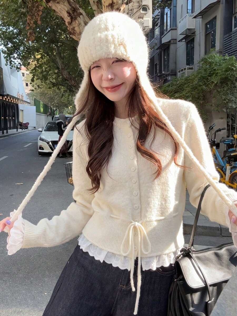 女士红色针织毛衣,韩式设计,荷叶边系带,长袖套头衫,秋冬款 - 杏色 - 查看 1