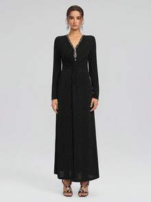 Rich Radi Q's Gaun Wanita Hitam Lengan Panjang Leher V Model A-Line, Dihiasi Detail Rhinestone Berkilau, Gaun Rok Lebar - Hitam - View 9