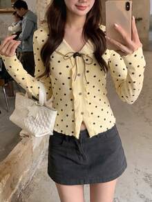 Preppy Sweet Vacation Date Contrast Color Polka Dot Frill Trim Women's Top, Suitable For Back To School Season, Gatherings - Pale Yellow - View 4