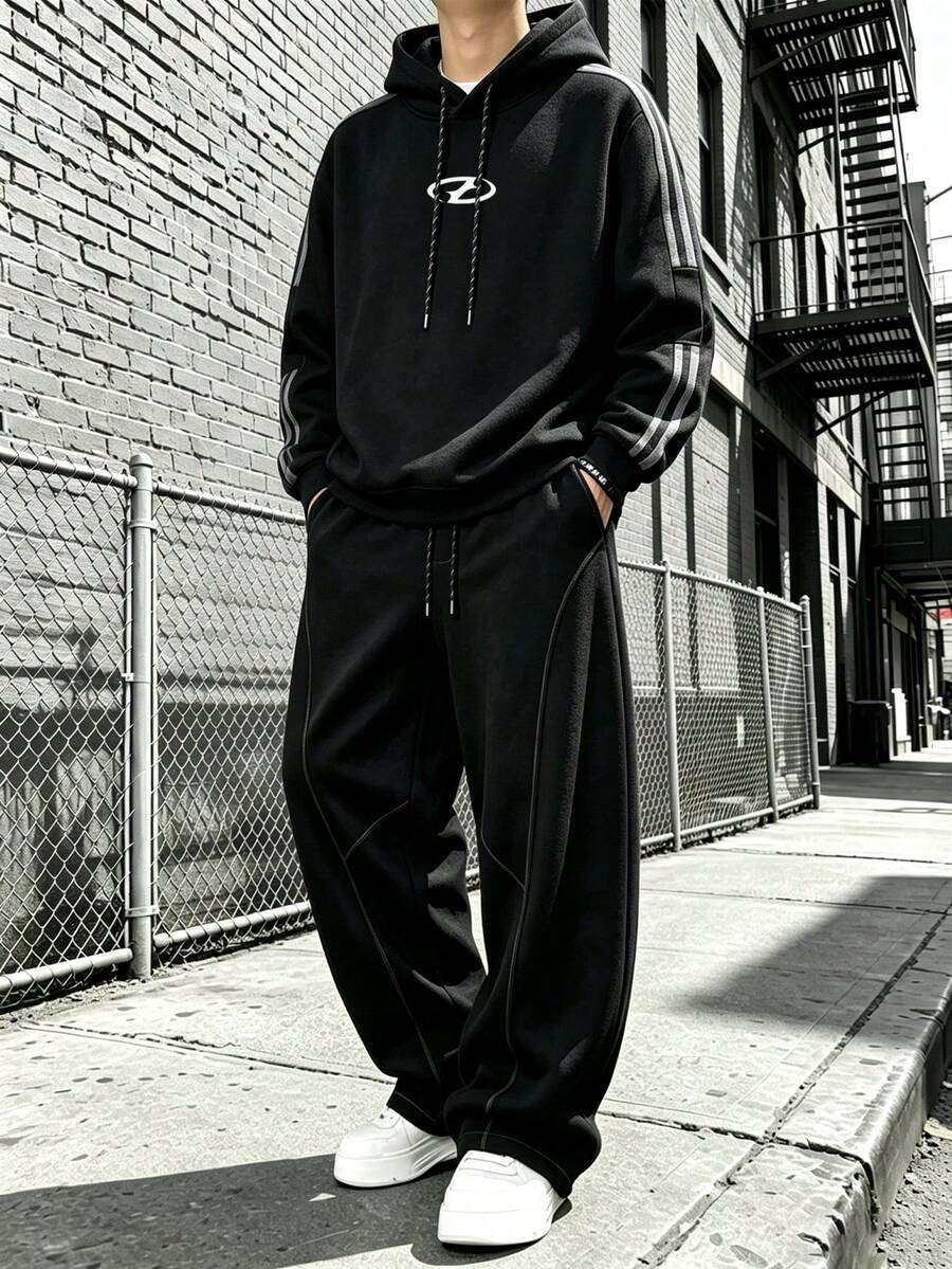 Men's Autumn/Winter Casual Fashion Outdoor Thermal Lined Hooded Sweatshirt & Thermal Lined Sweatpants Set - Black - View 1