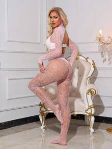 Women's Pink Snake Print Bodysuit, High Neck Long Sleeve Sheer Fishnet Full Body Lingerie, Backless Design - Pink - View 2