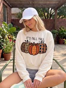 Women's Fall Y'all Pumpkin Print Cropped Sweatshirt, Autumn Crew Neck Long Sleeve Ribbed Hem Casual Pullover - Apricot - View 2