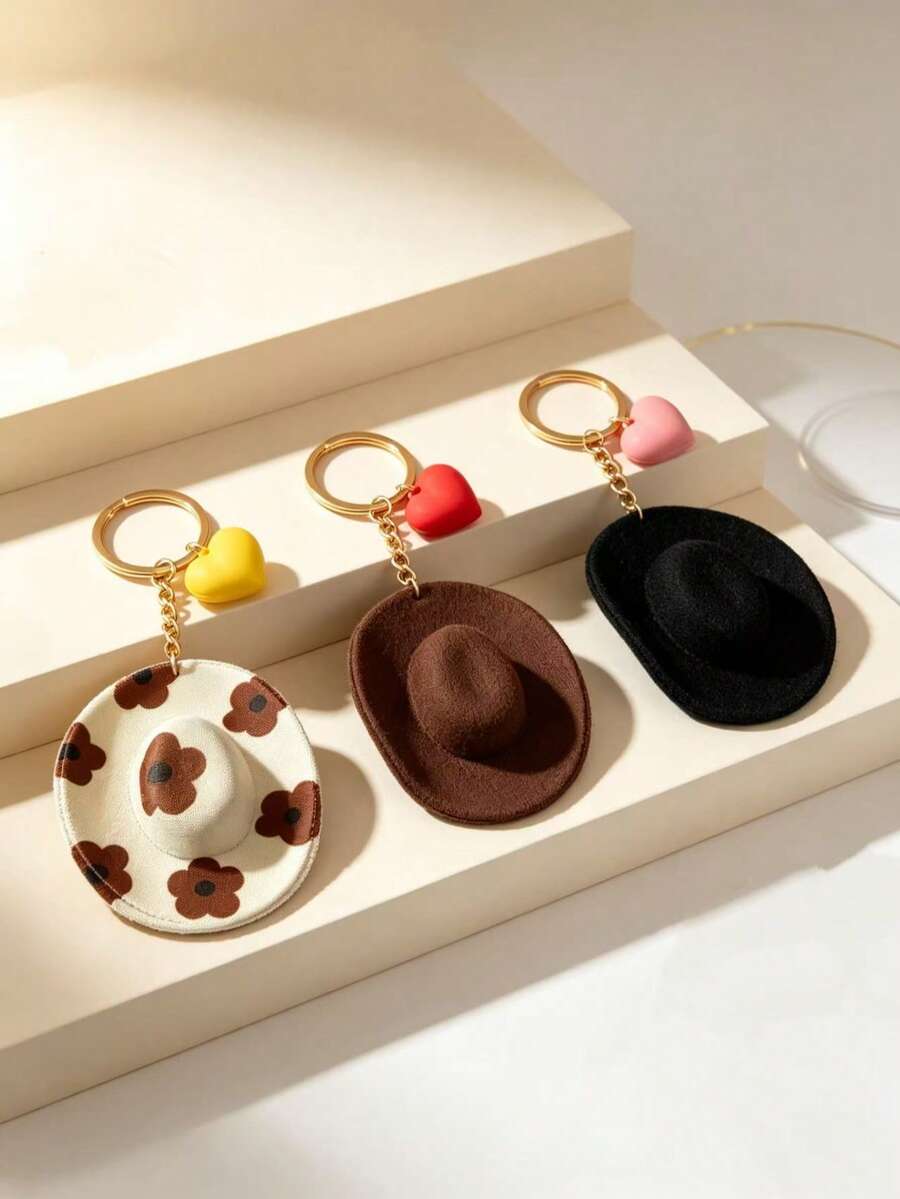 1pc Vintage Western Cowboy Style Mini Hat Keychain, Playful Heart Decor Creative Gift American Student Bag Charm, Couple Pendant - Multicolor - View 1