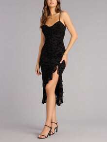 Elegant Pleated Collar Side Slit Ruffle Hem Jacquard Fabric Dress, New Spring/Summer Resort Wear For Women Party Black - Black - View 2