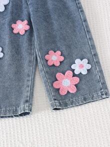 2pcs Baby Girl Cute Sweet Style 3D Towel Embroidery Floral Decor Ribbed V-Neck Cardigan Top & Washed Denim Patchwork Straight Leg Pants Set, Spring/Autumn - Mauve Purple - View 7
