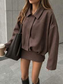 Women Fall Elegant Casual Brown Collared Long Sleeve Jacket And Mini Skirt 2 Pieces Set For Party Going Out Office - Brown - View 4