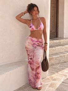Women's Elegant Summer Beach Vacation Fashionable Pink Butterfly Print Halter Casual Bikini Set - Multicolor - View 1