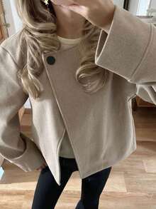 Autumn/Winter New Minimalist Oatmeal Color Short Overcoat, Loose Collarless Design, Commuter Outfit Versatile Top, Women's Jacket - Oatmeal - View 2