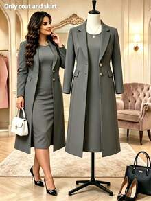 Plus Size Women's Elegant 2-Piece Set, Solid Color Minimalist Versatile Long Cardigan Jacket + Bodycon Mid-Length Dress, Suitable For Commuting And Daily Wear, Spring/Autumn/Winter - Gray 9+73 - View 1