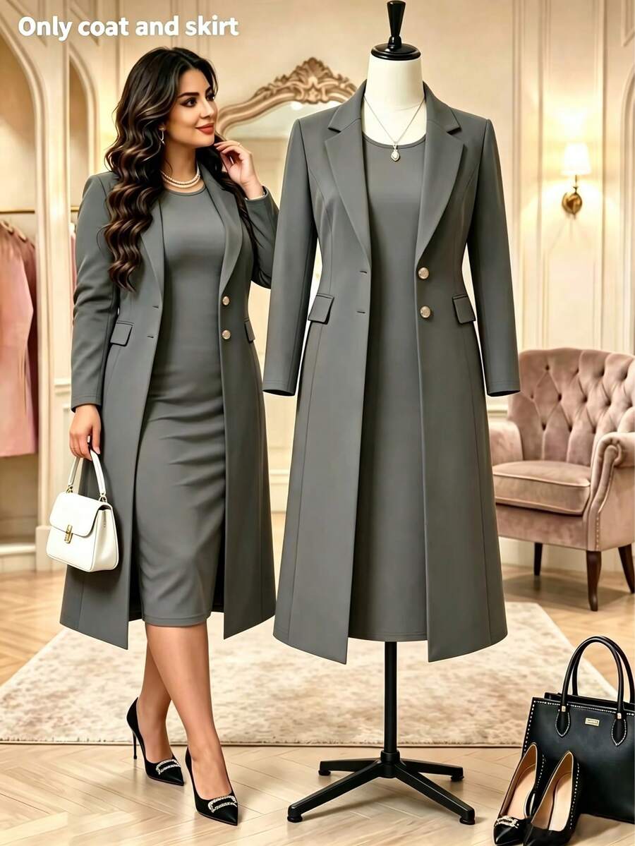 Plus Size Women's Elegant 2-Piece Set, Solid Color Minimalist Versatile Long Cardigan Jacket + Bodycon Mid-Length Dress, Suitable For Commuting And Daily Wear, Spring/Autumn/Winter - Gray 9+73 - View 1