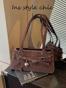 Shoulder Bag, Horizontal Body Design, Single Wide Strap, Body Decorated With Multiple Leather Buckles, Pendant Includes Heart And Five-Pointed Star Shapes. Body Features Printed Texture, Unique Style, Moderate Capacity, Can Store Personal Items, Versatile For Daily Outings. - Coffee Brown - View 1