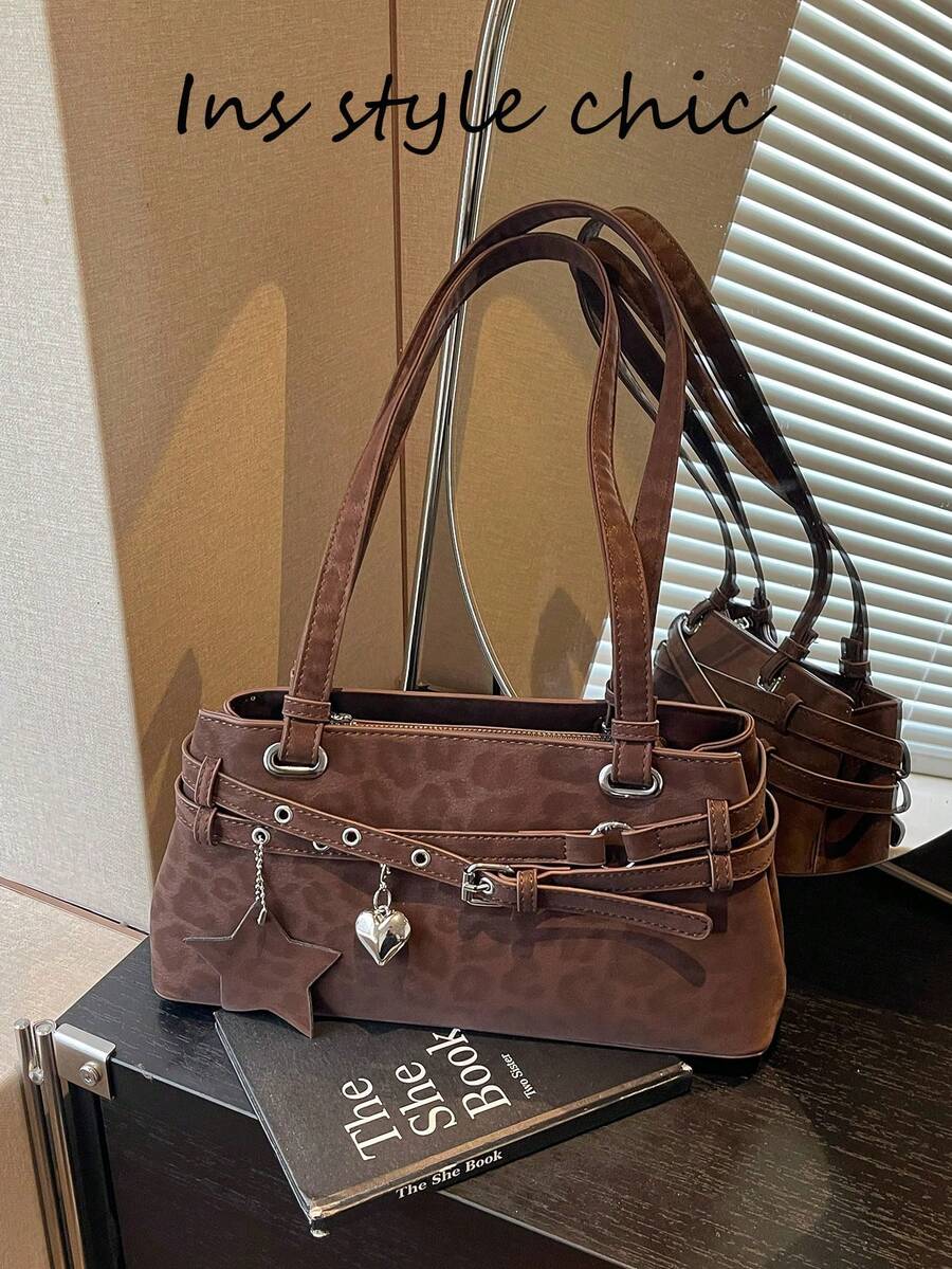 Shoulder Bag, Horizontal Body Design, Single Wide Strap, Body Decorated With Multiple Leather Buckles, Pendant Includes Heart And Five-Pointed Star Shapes. Body Features Printed Texture, Unique Style, Moderate Capacity, Can Store Personal Items, Versatile For Daily Outings. - Coffee Brown - View 1