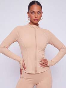 VUTRU 1pc Women's Fitted Zipper Sports Jacket With Pockets, Thumb Holes, Ribbed Cuffs, Running Fitness Yoga Top - Baby Pink - View 5
