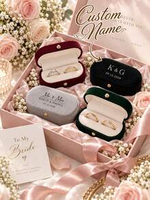 Personalized Oval Velvet Ring Box, Customizable Name And Date, Oval Double Ring Box, Suitable For Wedding, Engagement, Proposal, Bridal Party Gift - Multicolor - View 2