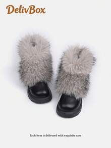 Girls' Mid-Calf Fur Boots With Large Fur Collar, Thickened Fleece Lining, Metal Buckle, Snow Boots, Thick Sole, Non-Slip, Warm Winter Shoes For Toddlers - Black - View 2