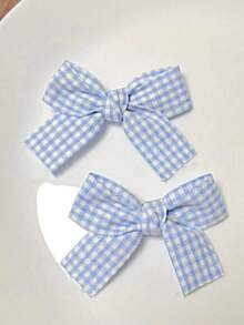 1pc Blue Plaid Bow Hair Clip, Cute Hair Accessory For Women And Girls - Blue and White - View 1
