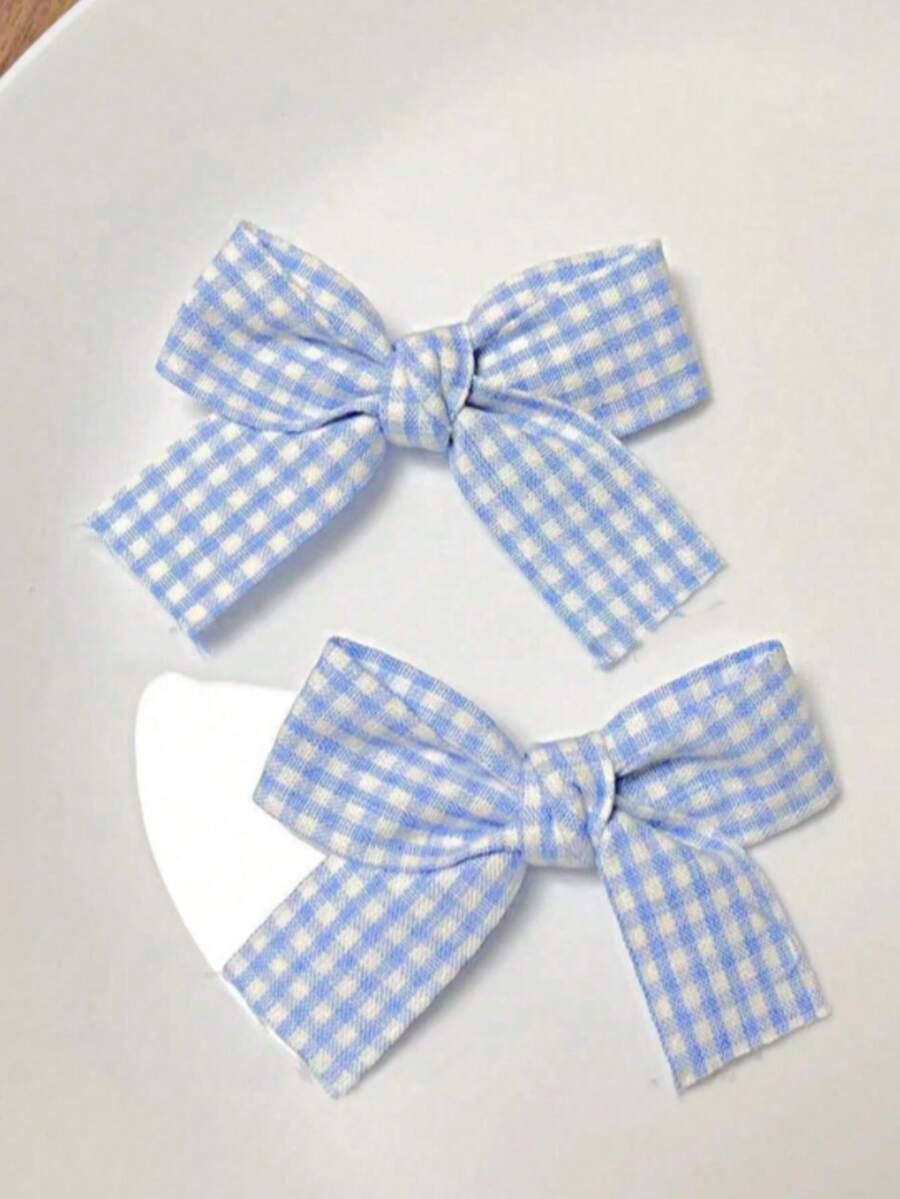 1pc Blue Plaid Bow Hair Clip, Cute Hair Accessory For Women And Girls - Blue and White - View 1