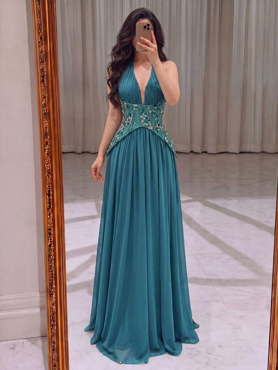 Romantic Women's Chiffon Sleeveless Halter Neck Maxi Dress, Decorated With Embellished Bodice And Flared Hem, Suitable For Photography, Dinner, Portrait, Events - Green - View 1