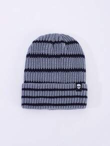 1pc Men's Fashion Striped Colorblock Skull Woven Label Knit Beanie Hat, Brimless, Suitable For Autumn/Winter Warmth, Daily Wear And Outfits - A - View 14