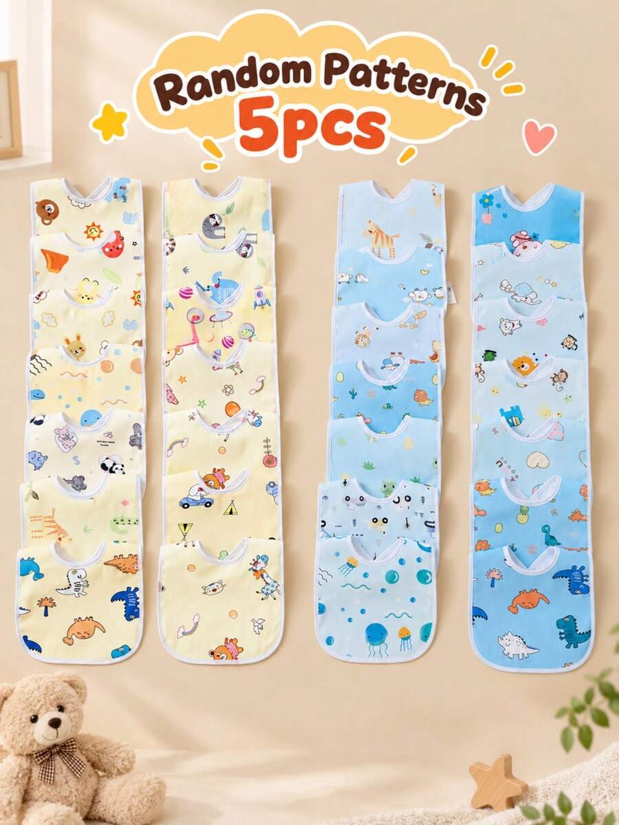 5pcs/Pack Random Blue & Yellow Crystal Velvet Baby Bibs, Soft Skin-Friendly Printed U-Shaped Drool Bibs