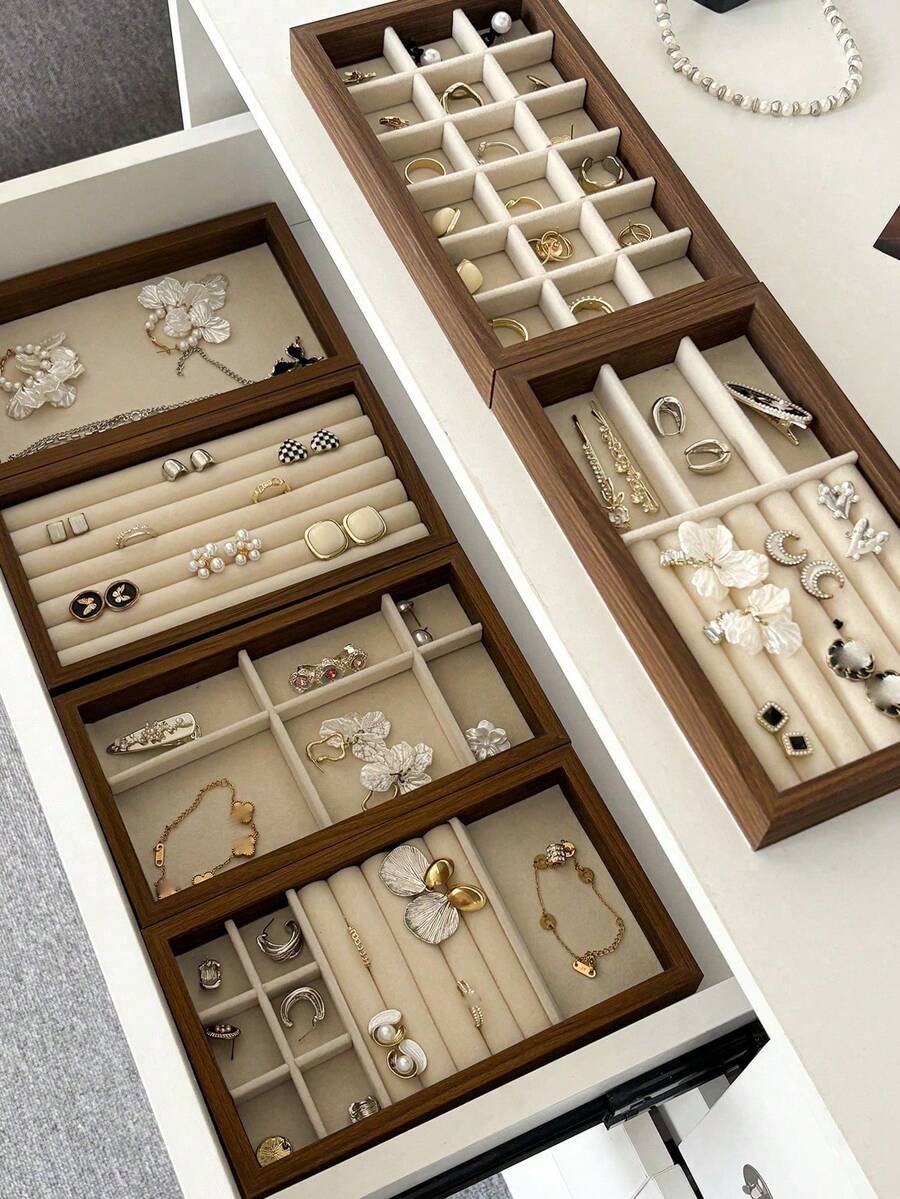 6/1pc Wooden Velvet Jewelry Tray, Jewelry Storage & Display Tray, Drawer-Style Earring Storage Box, Stackable Jewelry Storage Tray, Multi-Functional Jewelry Display Tray, Portable Multi-Purpose Storage Box, Desk Drawer Organizer - Multicolor - View 1