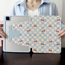 1pc Blue Beige Checkered Red Cherry Print 360° Rotatable Tablet Case Multi-Angle Viewing Book-Style Stand Protective Tablet Case Compatible With IPad A16 2025, Compatible With Samsung For Galaxy Tab S9 FE/S8 Plus/S7/S10,Compatible With Oppo Pad,Compatible With Huawei Matepad,Compatible With Vivo Pad,Compatible With Honor Pad,Compatible With Lenovo Xiaoxin Pad - Multicolor - View 2