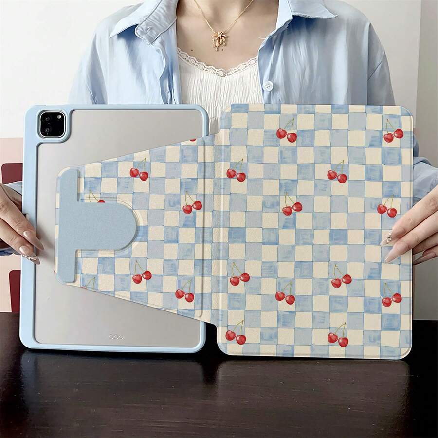 1pc Blue Beige Checkered Red Cherry Print 360° Rotatable Tablet Case Multi-Angle Viewing Book-Style Stand Protective Tablet Case Compatible With IPad A16 2025, Compatible With Samsung For Galaxy Tab S9 FE/S8 Plus/S7/S10,Compatible With Oppo Pad,Compatible With Huawei Matepad,Compatible With Vivo Pad,Compatible With Honor Pad,Compatible With Lenovo Xiaoxin Pad