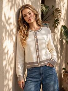 Women Knit Cardigan, Fall Winter Contrast Striped Round Neck Long Sleeve Y2K Sweet Pure Desire Textured Top For Beach Party Vacation - Apricot - View 5