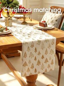 1pc Long Plush Table Runner With Gold Foil Edge & Dense Locked Stitching, Snowflake Christmas Tree & Reindeer Pattern, Suitable For Dining Room, Living Room Tabletop Decor, Holiday Gift & Party Decoration, Multiple Styles Available - White - View 9