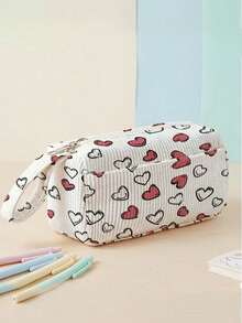 1pc Pink Love Print Corduroy Foldable Pencil Case With Side Pocket & Handle, Multi-Use Bag For School & Travel Essentials - Rose Red - View 9