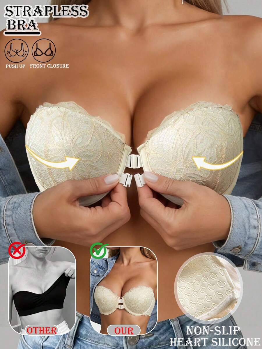 Strapless Lace Spliced Front-Clasp Lace Underwire Bra Women Floral Push-Up Bras Non-Slip Invisible Backless Top Suitable For Daily Wear And Weddings - Beige - View 1