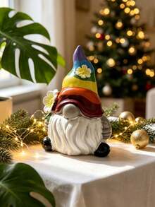 Halloween Desktop Decoration, Resin Rainbow Statue, Cute Faceless Statue With Rainbow Hat And Flowers, Home Dining Table Decoration Desktop Decoration, Holiday Party Center Gift - Rainbow Santa Claus - View 8