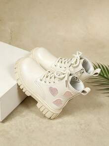 Shu Rui Girls Cute Glitter Heart Decor Boots, Solid Color Minimalist Ankle Boots, Indoor/Outdoor Daily Versatile Casual Boots - Beige - View 4